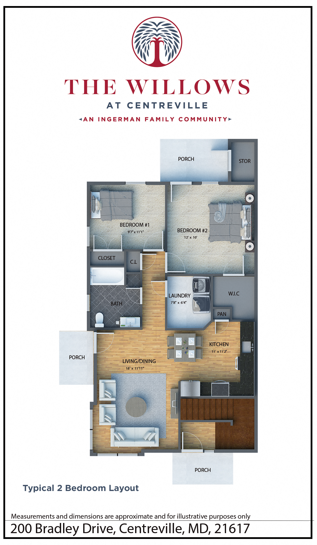 Floor plan for 2 beds, 1 bath
